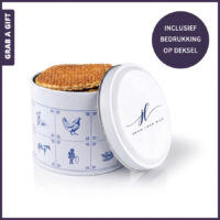 Delftsblauw stroopwafelblik met logo en full colour bedrukking op het deksel