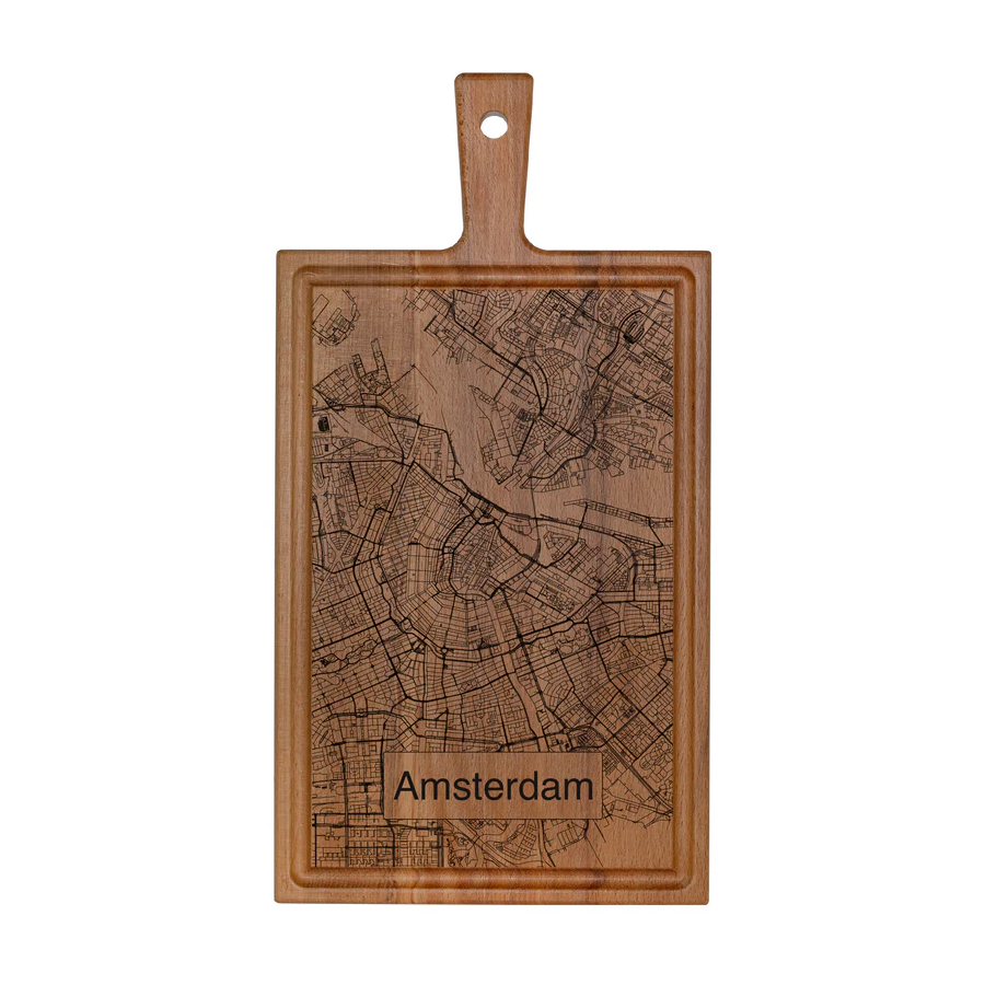Beukenhouten borrelplank met stadsplattegrond van Amsterdam