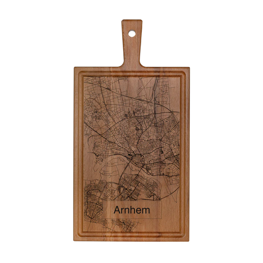 Beukenhouten borrelplank met stadsplattegrond van Arnhem