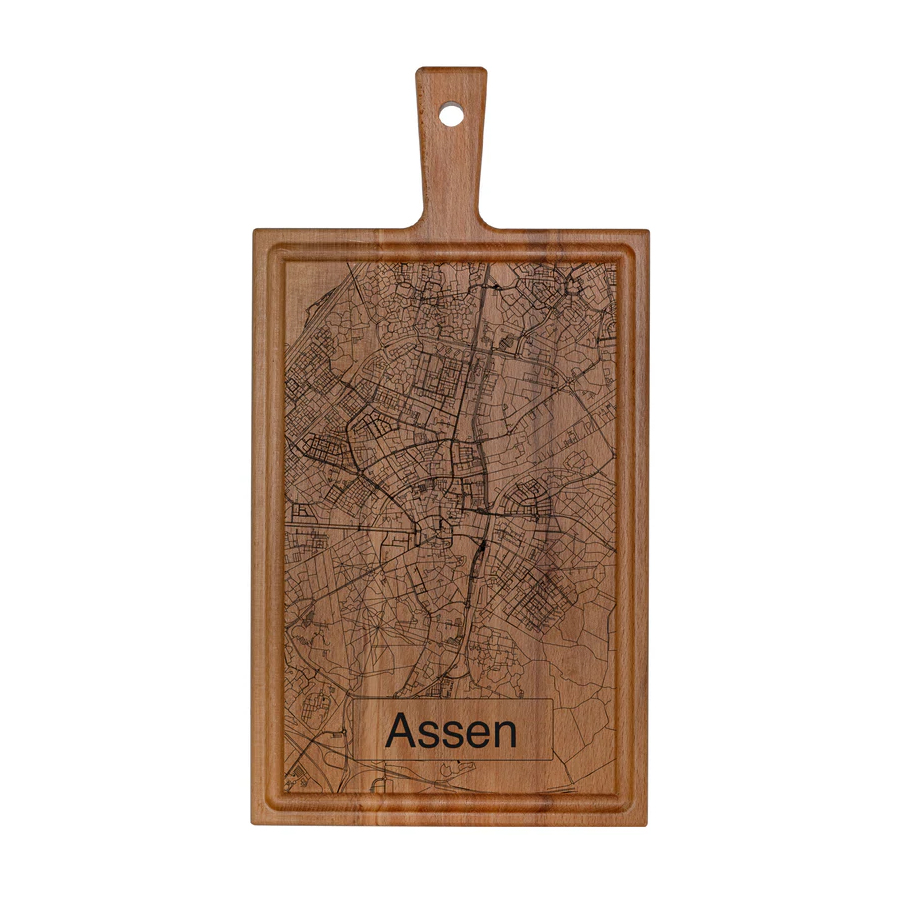 Beukenhouten borrelplank met stadsplattegrond van Assen