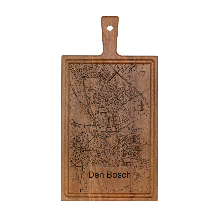 Beukenhouten borrelplank met stadsplattegrond van Den Bosch
