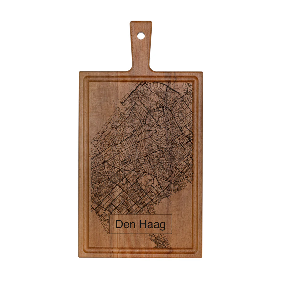 Beukenhouten borrelplank met stadsplattegrond van Den Haag