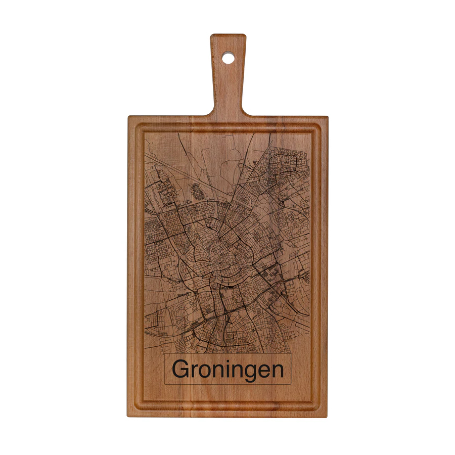 Beukenhouten borrelplank met stadsplattegrond van Groningen