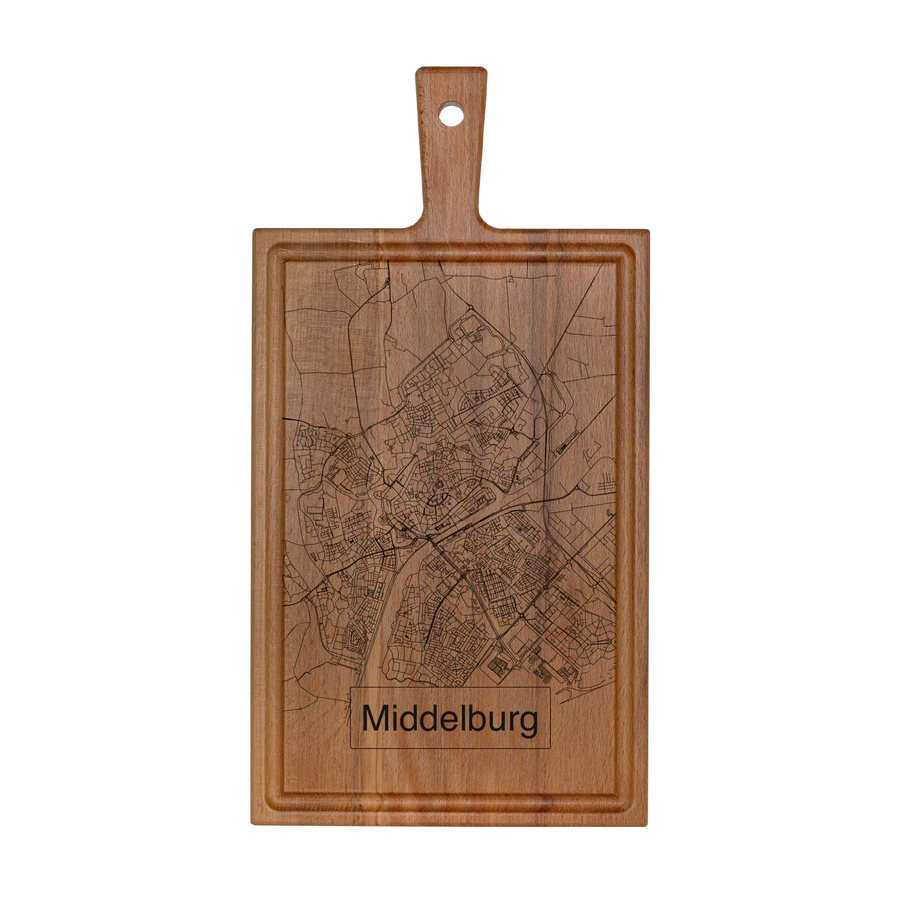 Beukenhouten borrelplank met stadsplattegrond van Middelburg