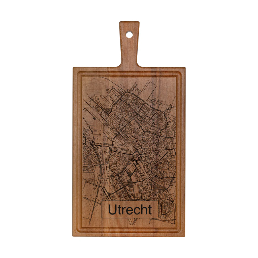 Beukenhouten borrelplank met stadsplattegrond van Utrecht