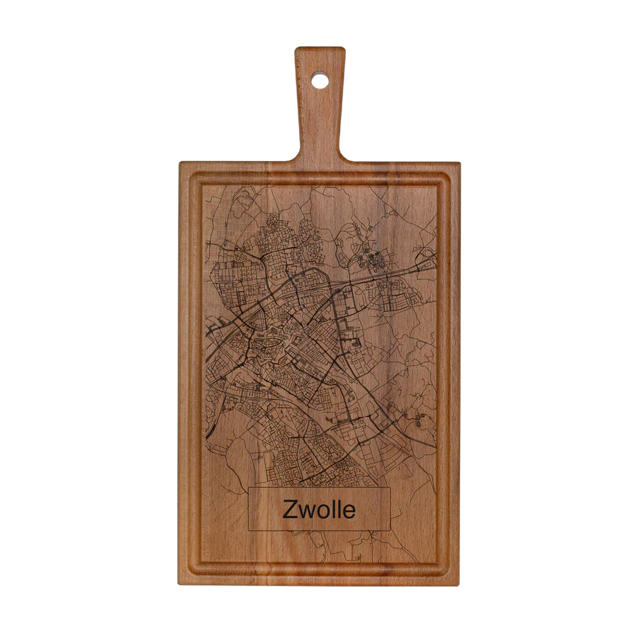 Beukenhouten borrelplank met stadsplattegrond van Zwolle