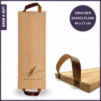 Beukenhouten borrelplank met leren handvaten graveren met logo