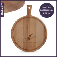 Ronde beukenhouten borrelplank graveren met logo