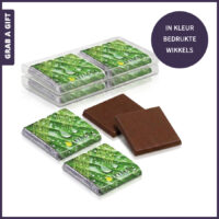 Twee melkchocolade Napolitains in zilverfolie met full colour bedrukte wikkel in transparant doosje