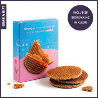 Full colour bedrukt doosje met 3 roomboter stroopwafels als typisch Hollands relatiegeschenk