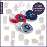 Mini clic-clac blikje met pepermuntjes in speciale vorm bedrukt met logo als promotioneel relatiegeschenk