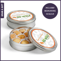 Rond koekblik met 40 verschillende koekjes en full colour bedrukte sticker