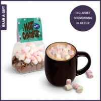 Zakje warme chocolademelkmix met full colour bedrukt kopkaartje